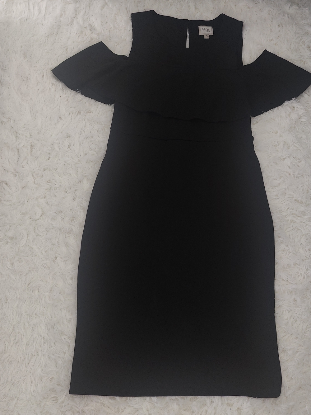 Beige by eci Black Cold-Shoulder Ruffle Midi Dress